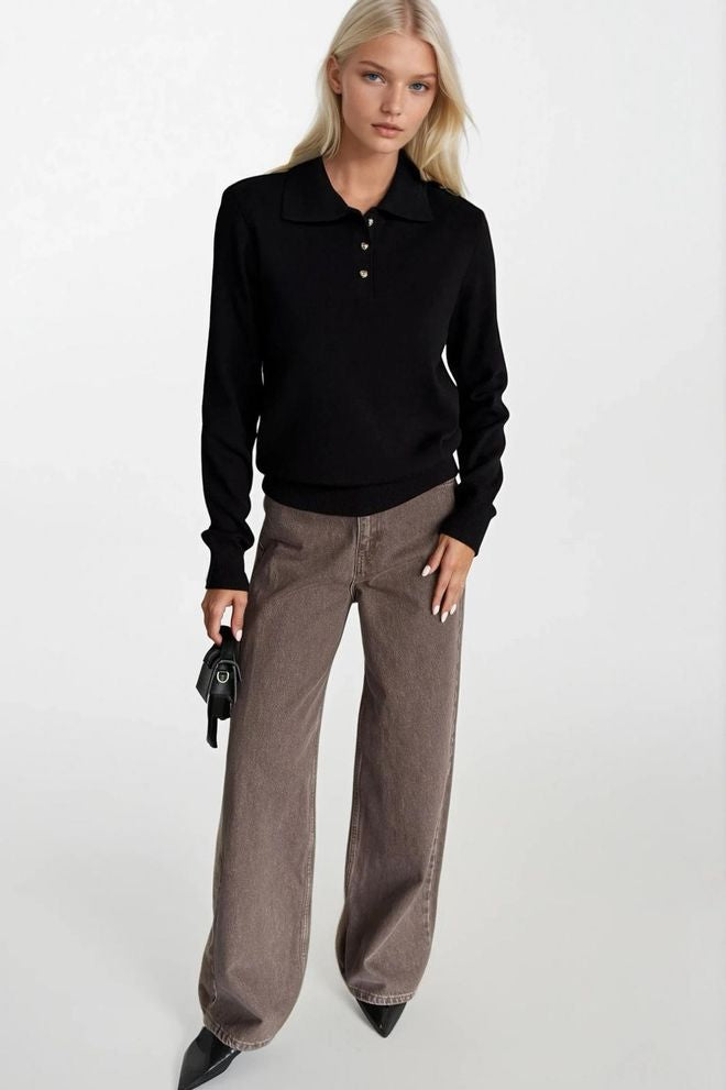 Melna ikdienas eleganta blūze ar polo apkakli