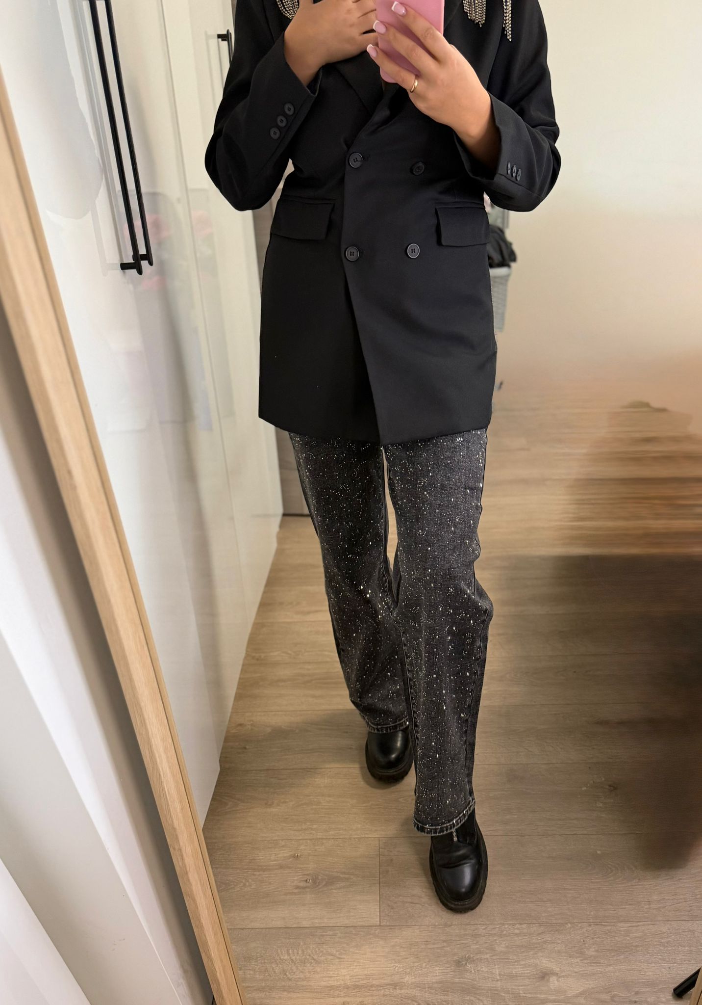 Augstas kvalitātes elastīgas platas džinsa bikses ar mākslīgajiem dārgakmeņiem, 38.-48. izmērs