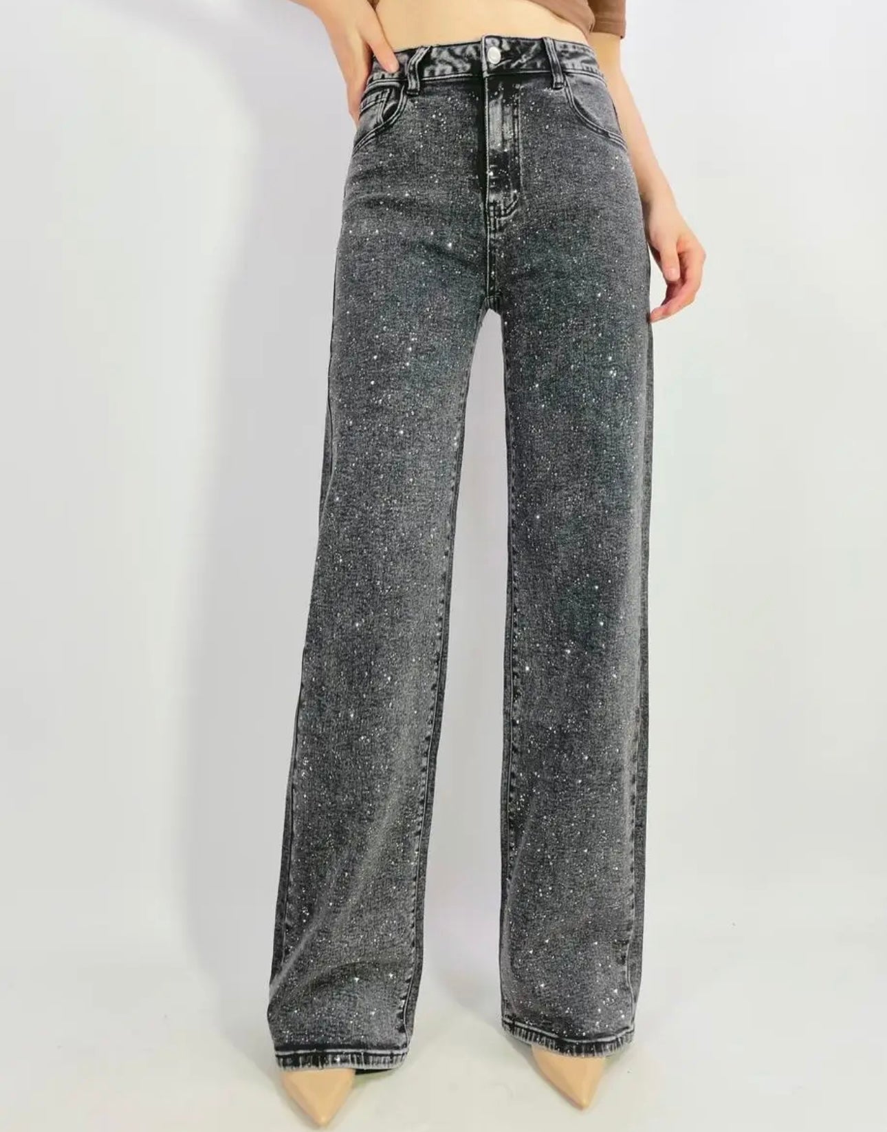 Augstas kvalitātes elastīgas platas džinsa bikses ar mākslīgajiem dārgakmeņiem, 38.-48. izmērs