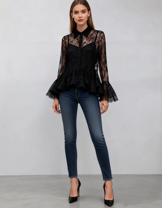 Vintāžas caurspīdīga mežģīņu blūze Zvanveida piedurknes Volānu apakšmala Savilkta jostasvieta Caurspīdīgs efekts