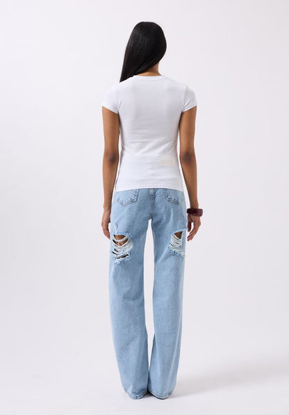 Īss T-krekls ar izšuvumu un apdruku - balts