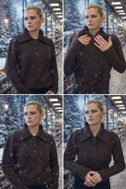 Melns džemperis ar V veida kakla izgriezumu un garām piedurknēm