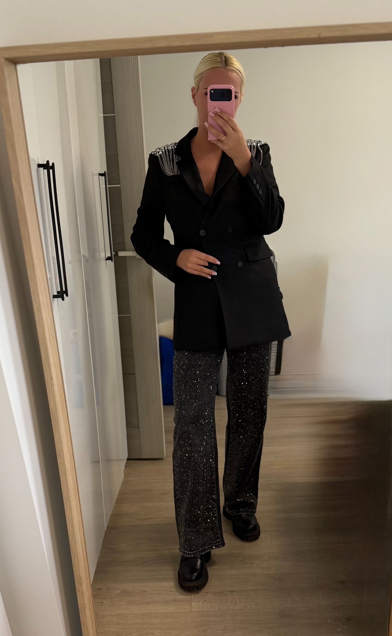 Augstas kvalitātes elastīgas platas džinsa bikses ar mākslīgajiem dārgakmeņiem, 38.-48. izmērs